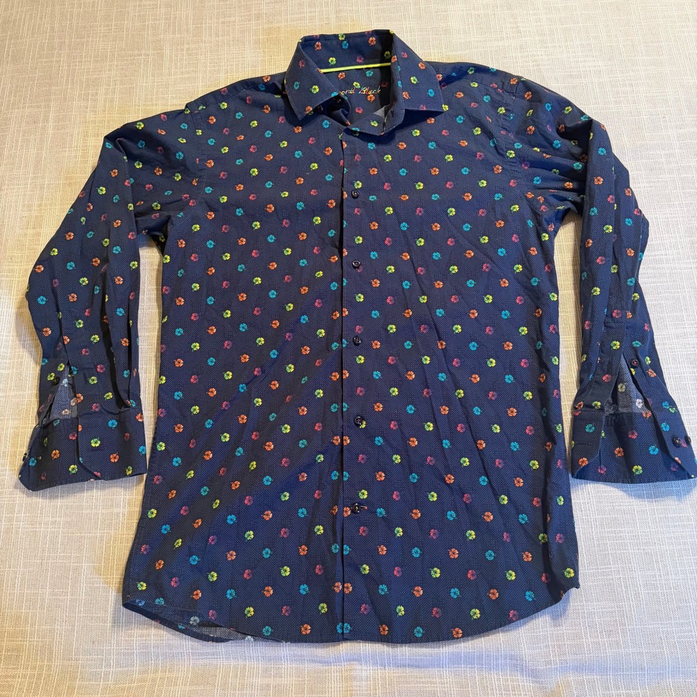 Visconti Black Mens Navy Blue Hibiscus Floral Micro Dot Long Sleeve Button Down